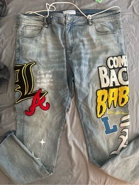 Lifted Anchors Boulevard Puff Print Denim Jeans Men's Size 40 Graphic Patch